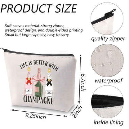 TGBJE Champagne Lover Gifts Life is Better With Champagne Makeup Bag Girls Wine Trip Gift Bachelorette Party Zipper Pouch (Life Champagne bag)