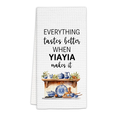 Yiayia Gifts Kitchen Towels, Gifts for Yiayias Dish Towels, Yiayias Gifts from Grandkids, Everything Tastes Better When Yiayia Make It Decorative Hand Towel for Kitchen (16x24 Inch)
