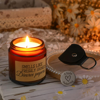 Coume 3 Pcs Divorce Lavender Scented Candle Gifts for Women Scented Candles Pocket Hug Token and PU Leather Keychain Breaking up Funny Gifts for Friends Sister Coworker Men Female(Novel)