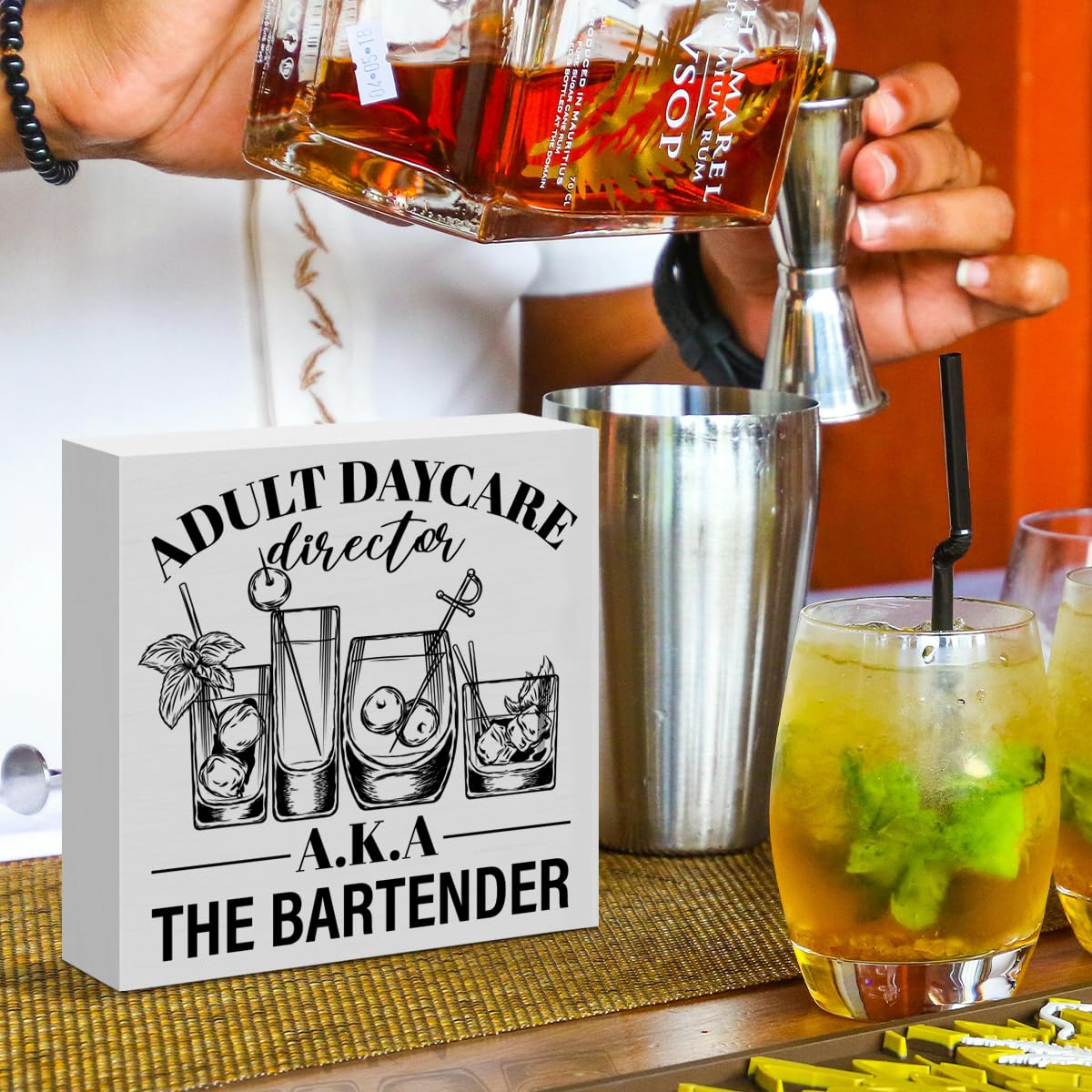 Funny Bartender Gifts for Women Men, Bartender Mixologist Christmas Birthday Gift Farmhouse Home Bar Cart Table Decor Wooden Sign, Adult Daycare Director Aka The Bartender