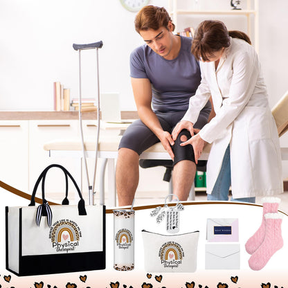 Geiserailie 8 Pcs Physical Therapist Appreciation Gifts for Women Including Large Tote Bag Cosmetic Bags Tumbler Cup Plush Socks Metal Keychain Card and Envelope for PT Doctor Student Gifts
