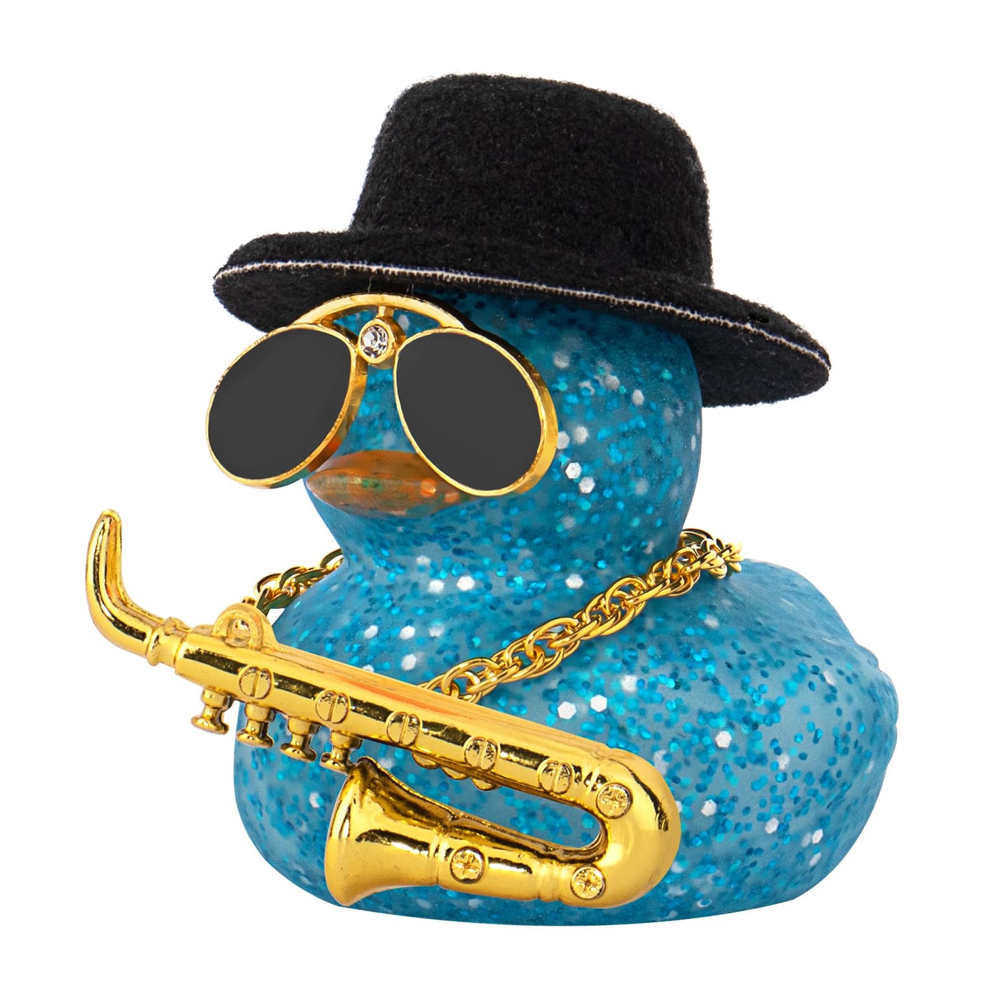 wonuu Car Dashboard Ducks, Saxophone Decor Rubber Duck Car Ornaments with Mini Top Hat Necklace Sunglasses (Light Blue)