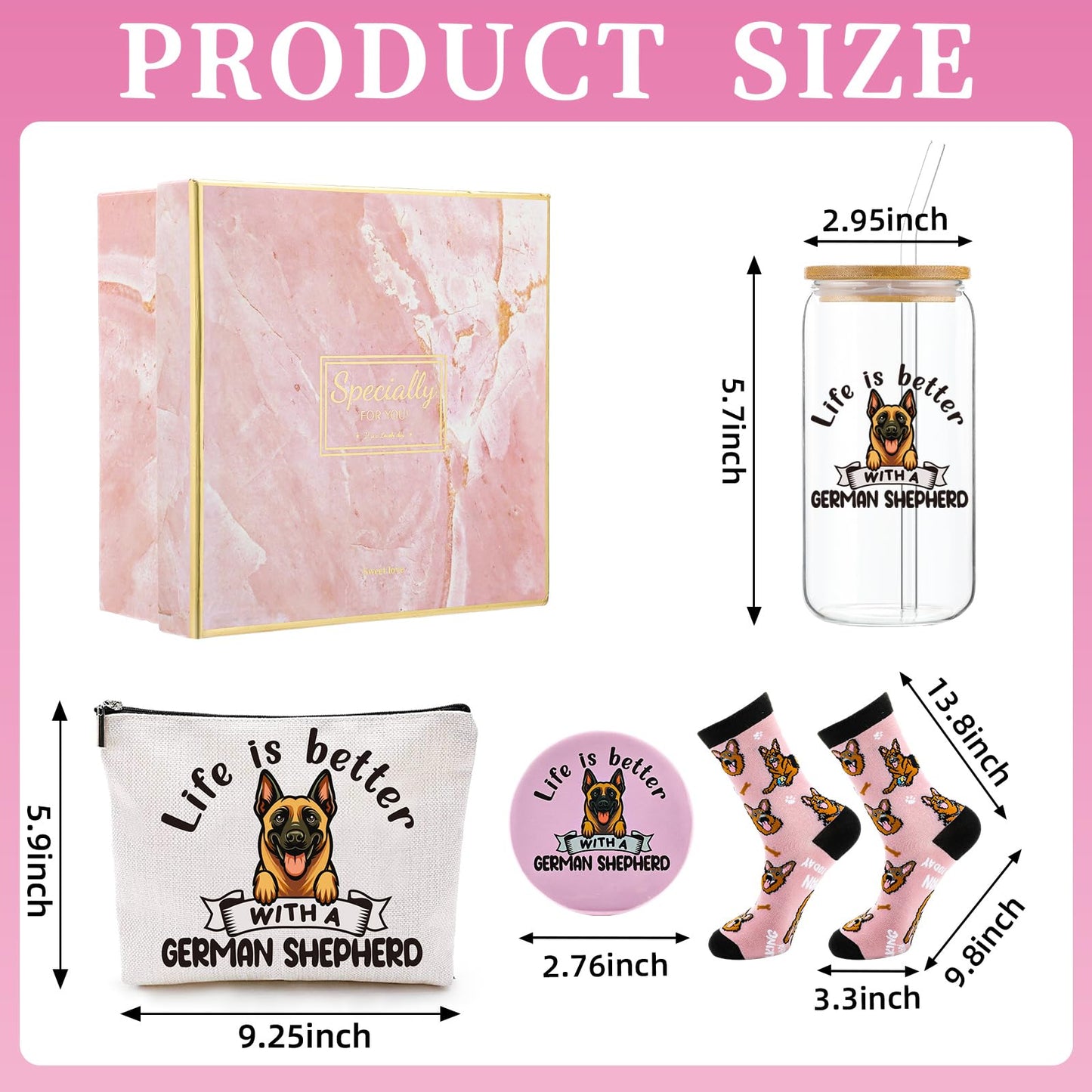 Kacctyen 5 Pcs Christmas German Shepherd Gifts for Women German Shepherd Dog Lover Gifts 16oz Glass Cup Tumbler with Lid Straw Makeup Cosmetic Bag Pocket Mirror Sock for Pet Mom Birthday Party Favors