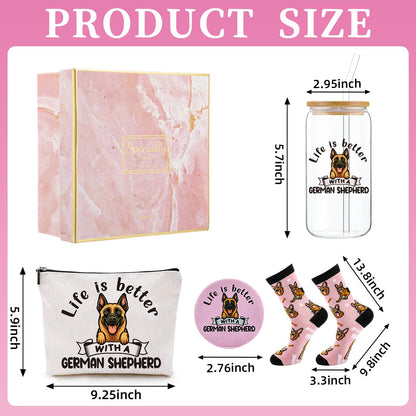 Kacctyen 5 Pcs Christmas German Shepherd Gifts for Women German Shepherd Dog Lover Gifts 16oz Glass Cup Tumbler with Lid Straw Makeup Cosmetic Bag Pocket Mirror Sock for Pet Mom Birthday Party Favors