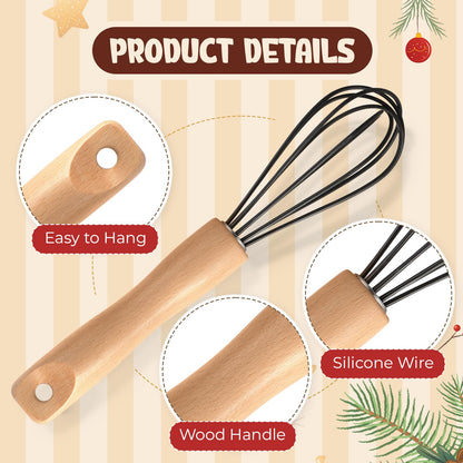 Baderke 20 Sets Baking Gifts Set Includes 8 Inch Silicone Whisk with Wood Handle Wired Stainless Steel Whisk Set Greeting Cards Plastic Bags for Party Birthday Christmas Stuffers Gift(Black)