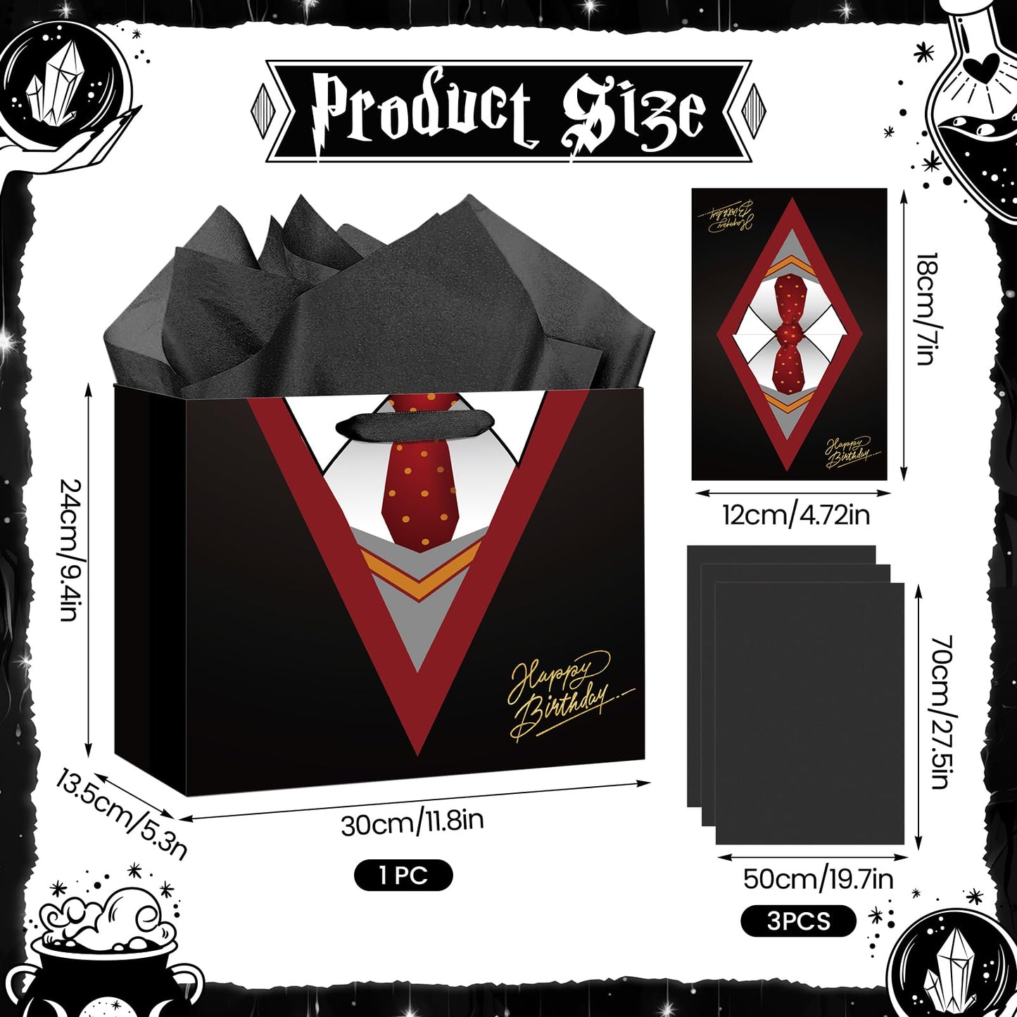 Large Wizard School Gift Bag with Wrapping Paper and Card Magical Wizard Birthday Bag with Handles Tie Necktie Birthday Baby Shower Paper Bags for Girls Boys Halloween Party Supplies Decorations