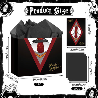 Large Wizard School Gift Bag with Wrapping Paper and Card Magical Wizard Birthday Bag with Handles Tie Necktie Birthday Baby Shower Paper Bags for Girls Boys Halloween Party Supplies Decorations