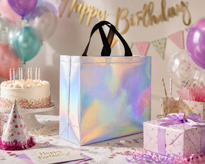 cabzymx Glossy Iridescent Gift Bags 15 Pcs, 12.6x4.7x11 In Reusable Goodie Bags Bulk with Handles & Sturdy Base, Christmas Gift Bags for Birthday, Wedding, Holiday, Party,Thanksgiving