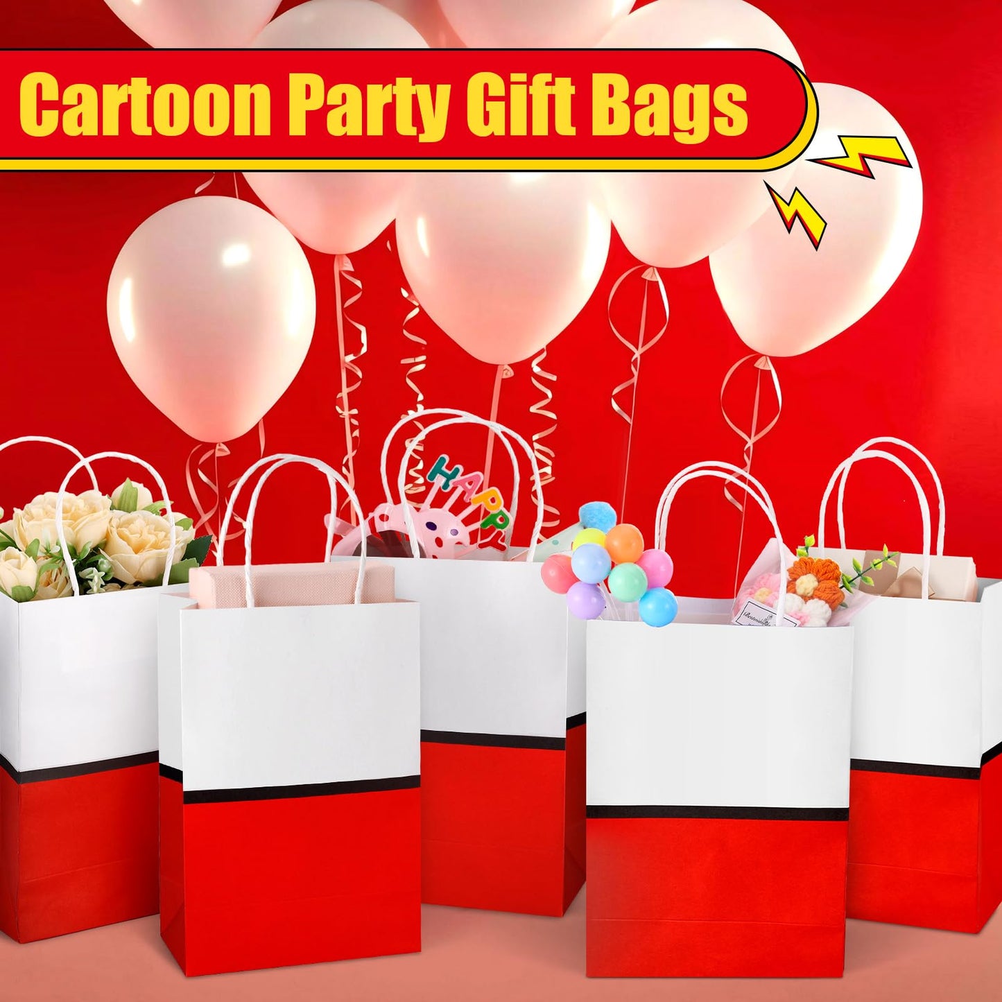 Czlotyh 24 Pcs Cartoon Animation Gift Bags Red Kraft Treat Bags with Handle Paper Goodie Bags Birthday Party Supplies for Birthday Theme Holiday Baby Shower Decorations Candy