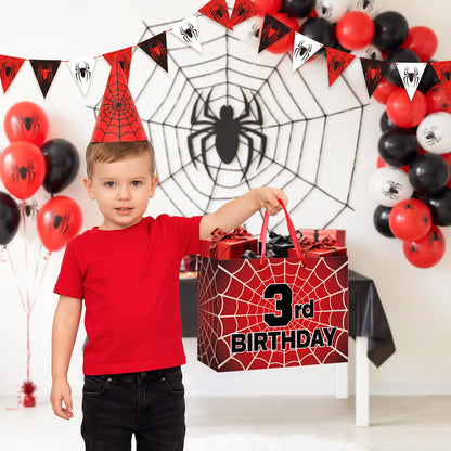 MOORIIY Spider 3rd Birthday Gift Bag with Card and Wrapping Paper, Spider 3rd Birthday Wrapping Paper Bag for Boys Red Black 3 Years Old Spider Web Bdy Decorations Supplies 11.8 x 9.4 x 5.3 inches