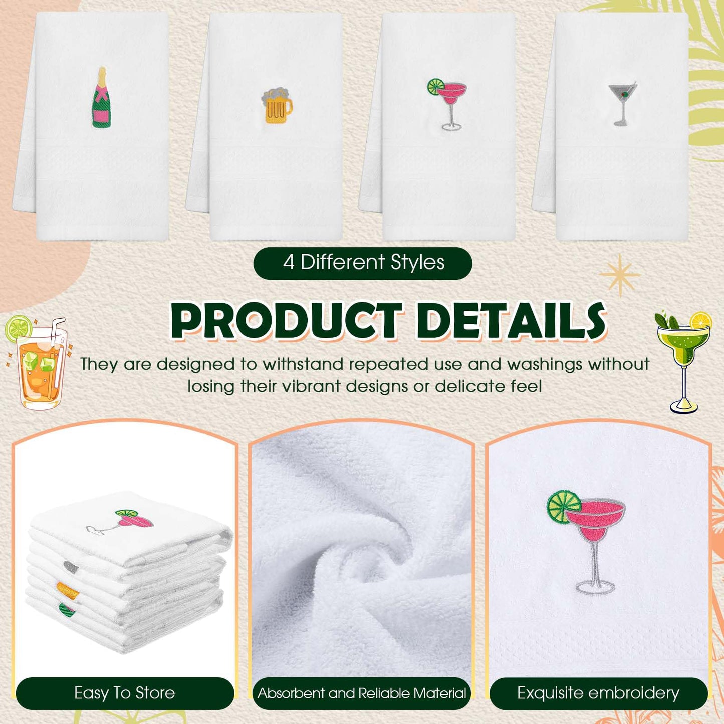 HunnmingRe 4 Pack Bar Towels with Martini Embroidery - Wine Cocktail Drink Themed Gifts Cotton 29.5'' x 13.8'' Kitchen Hand Soft Absorbent Dish Cloth Bathroom Decorative Home Bar Cart Accessories