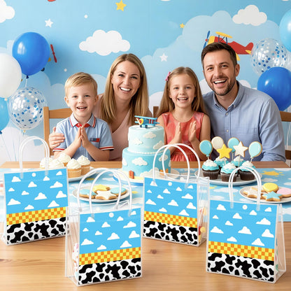 Wood Homing 24PCS Cartoon Story PVC Clear Gift Bag with Handle, Blue Sky White Cloud Cow Reusable Plastic Party Favor Bags for Kids, Toy Inspire Game Themed Goodie Bags Baby Shower Birthday Decoration