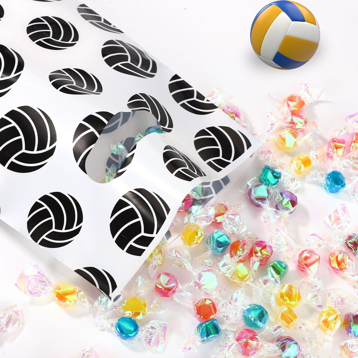 BOXOB 50pcs Volleyball Gift Bags, 10x6.7 Inch Plastic Snacks Candies Bags with Handles Volleyball Themed Party Sports Party Supplies (White)
