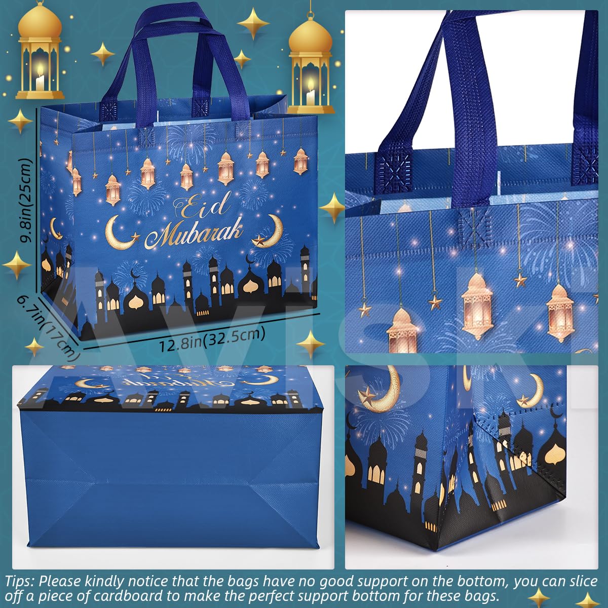 Aviski 4PCS Eid Mubarak Reusable Gift Bags, Treat Bags with Handles, Eid Mubarak Party Bags, Multifunctional Non-Woven Eid Bags for Gifts Wrapping, Party Supplies