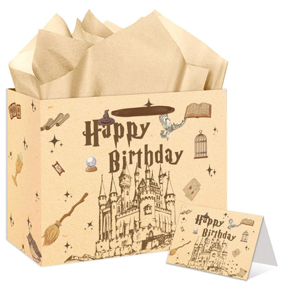 EIGHTSTATES Wizard Happy Birthday Gift Bag - Castle Birthday Party Favors with Greeting Card & Tissue Paper Envelope for Boys/Girls - Halloween Bday Decor for Wizard Parties, Baby Showers