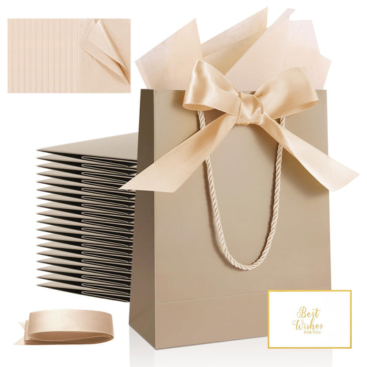 Ethhqu 12 Pack Small Gift Bags with Handles Include Tissue Papers & Cards, 9x7x3.15'' Thank You Gift Bags for Bridesmaids, Birthday, Baby Shower, Wedding, Anniversary, Mother’s Day (Champagne)