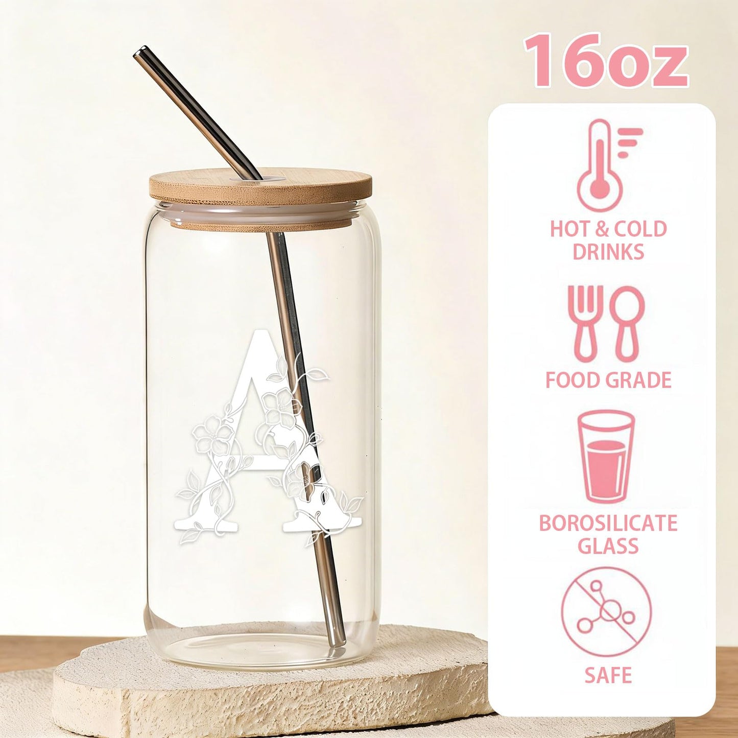 Personalized Gifts for Women, Monogrammed Glass Cups with Lids and Straws, Customized Gifts for Women, Cute Design Initial Iced Coffee glasses, Custom Letter Mug, Birthday Bridesmaid, E