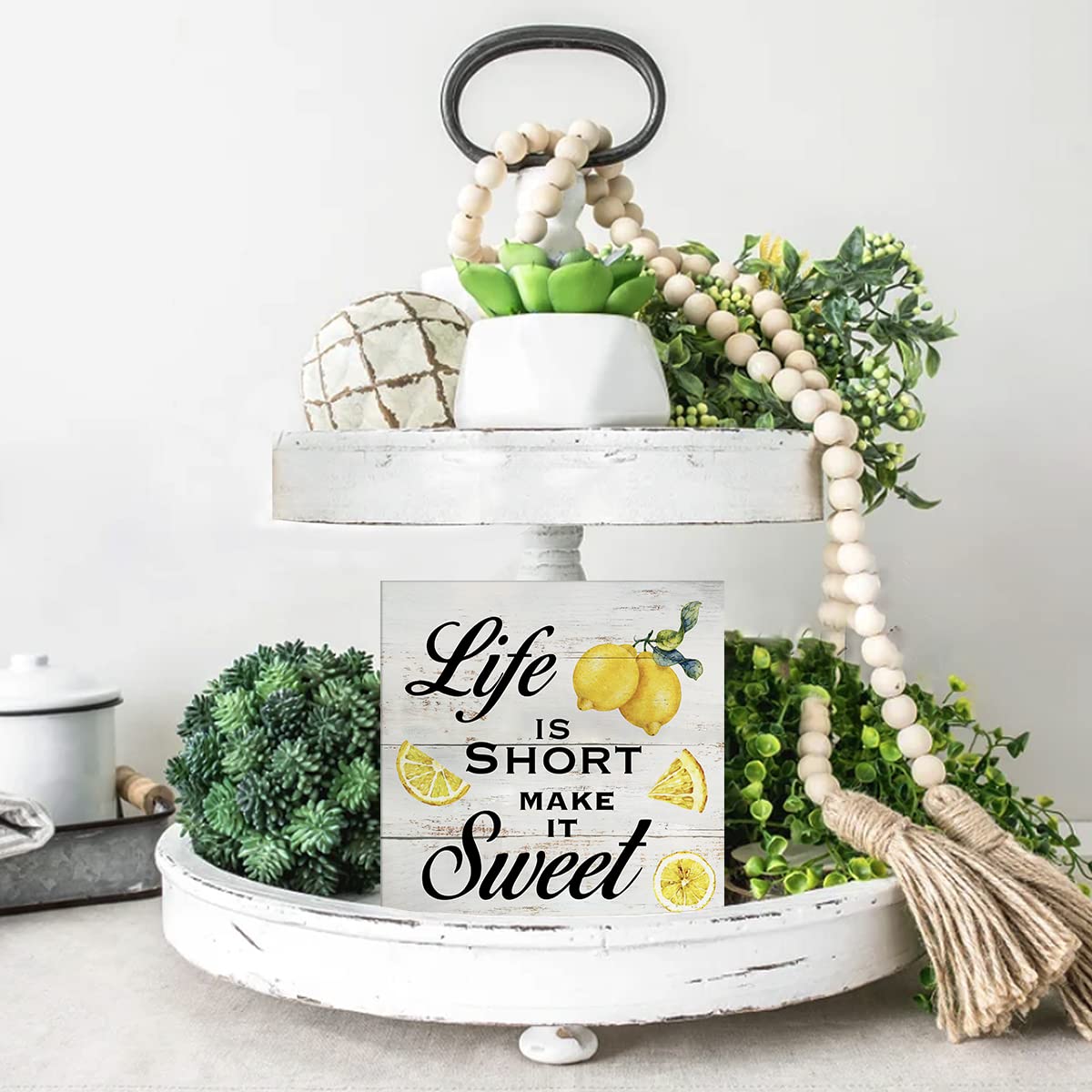 Inspirational Quote Life is Short Make it Sweet Wood Box Sign Rustic Lemon Print Wooden Box Sign Farmhouse Home Kitchen Desk Shelf Decor (5 X 5 Inch)
