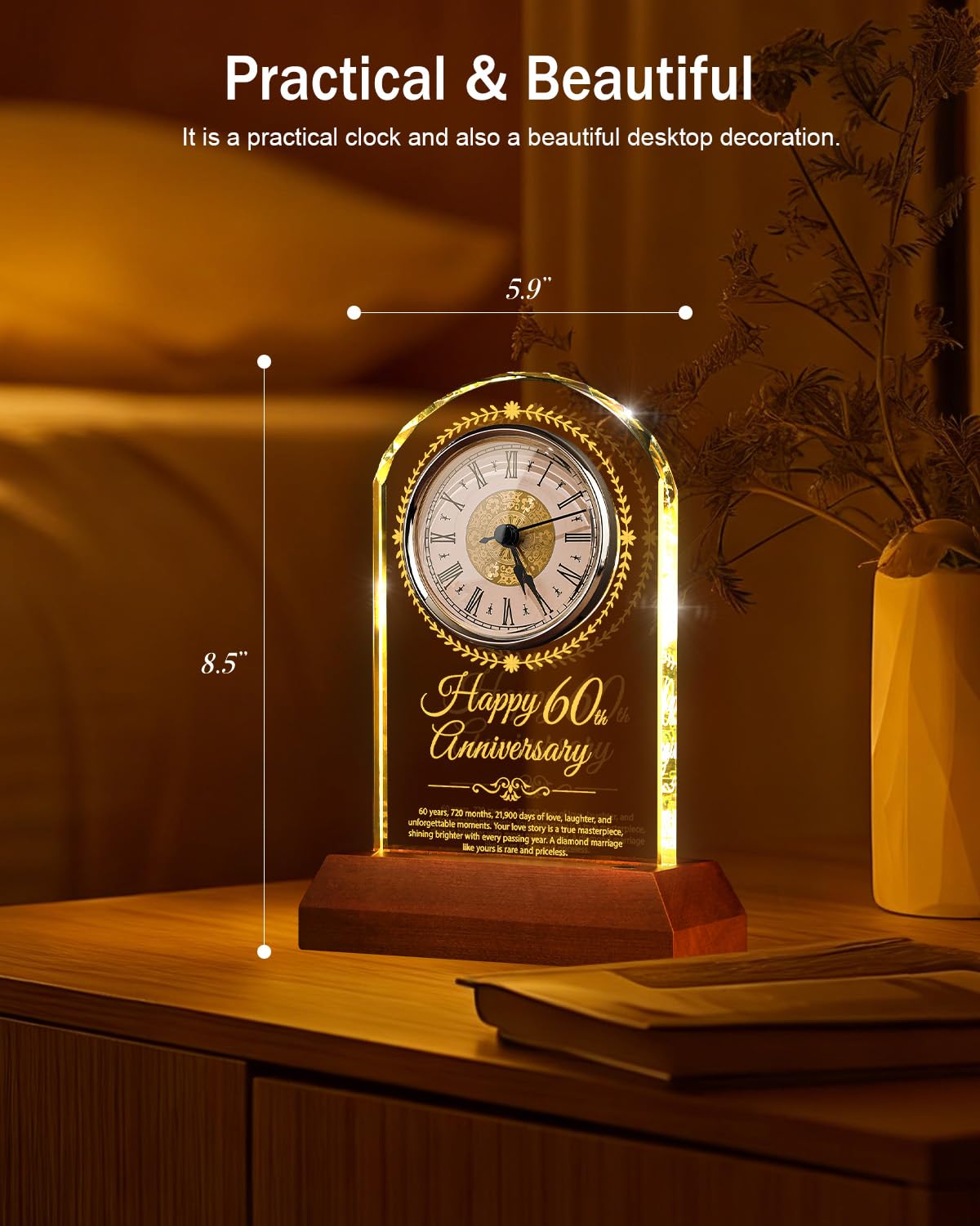 25th Wedding Anniversary Crystal Quartz Clock with Wooden Light Base,25 Years of Marriage Gift,Happy Silver Anniversary Decoration Gift,for Parents,Grandparents,Couple