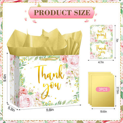 We Appreciate You Gift Bag Floral Thank You Gift Bag with Tissue Paper Greeting Card Appreciation Gifts Wrapping Paper with Handle for Business Retirement Wedding Teacher Birthday Party Supplies