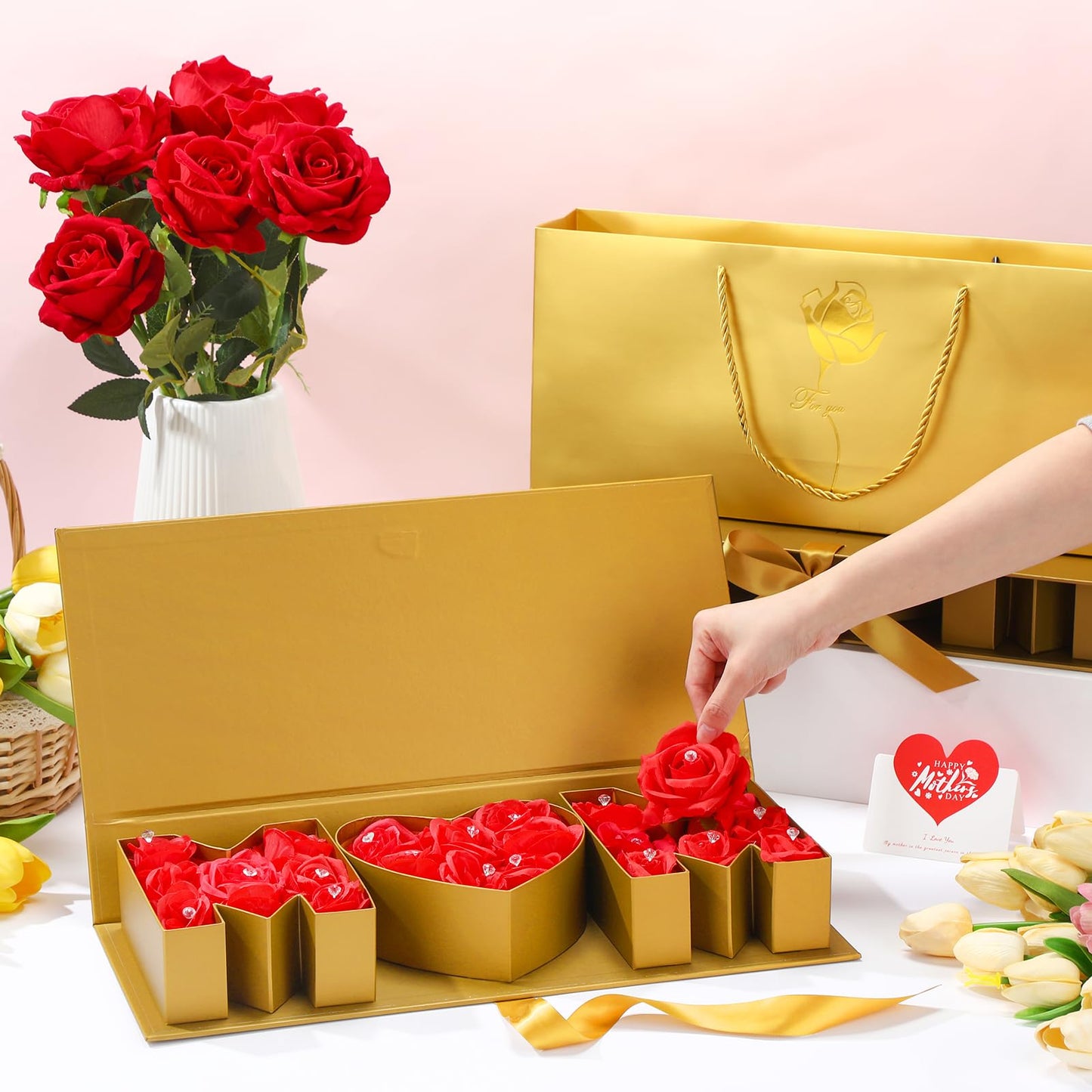Ctosree 2 Sets Mother's Day Mom Flower Gift Box with 18'' x 7.7'' x 2.7'' Empty MOM Letter Shaped Box Gift Bags Greeting Cards for Mother's Day Birthday Flower and Arrangements(Gold)