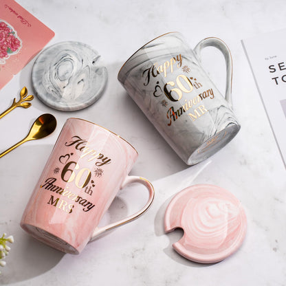 60th Wedding Anniversary GIF-ts, Diamond Wedding Anniversary GIF-ts, 2PCS Happy 60th Anniversar-y Gift Mr Mrs Gifts Diamond Anniversar-y Gifts for Couples Parents, Marble Ceramic Cups 14oz