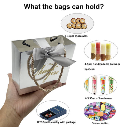 TKSBAG 20 Pack Small Silver Thank You Gift Bags With Handles-5.5''x 2.3''x4.7'' Mini Gift Bags Bulk for Baby Shower, Birthday, Wedding, Back to School, Summer Party