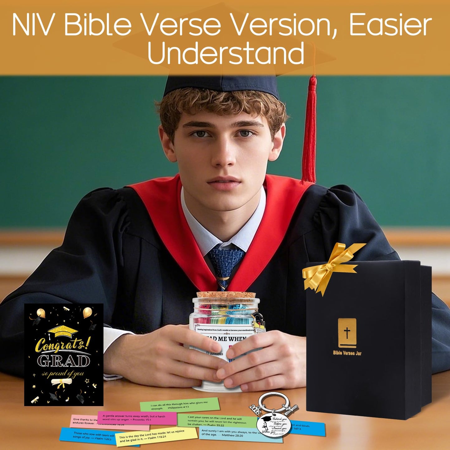 Christian Graduation Gifts to Him - 4Pcs Religious Graduation Gifts, Bible Verse Jar, Keychain, Congrat Grad Cards, High Shool College Master Phd Graduate Gift for Son Grandson Nephew