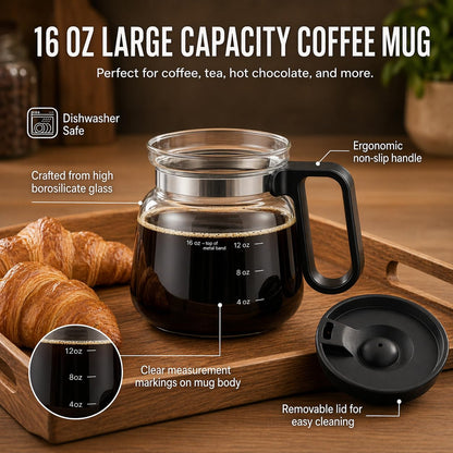 Coffee Pot Mug with Lid, 16oz Glass Mini Coffee Pot Cup, Heat-Resistant Clear Travel Mug, Spill-Resistant Novelty Coffee cup for Office Desk & Coffee Lovers gift