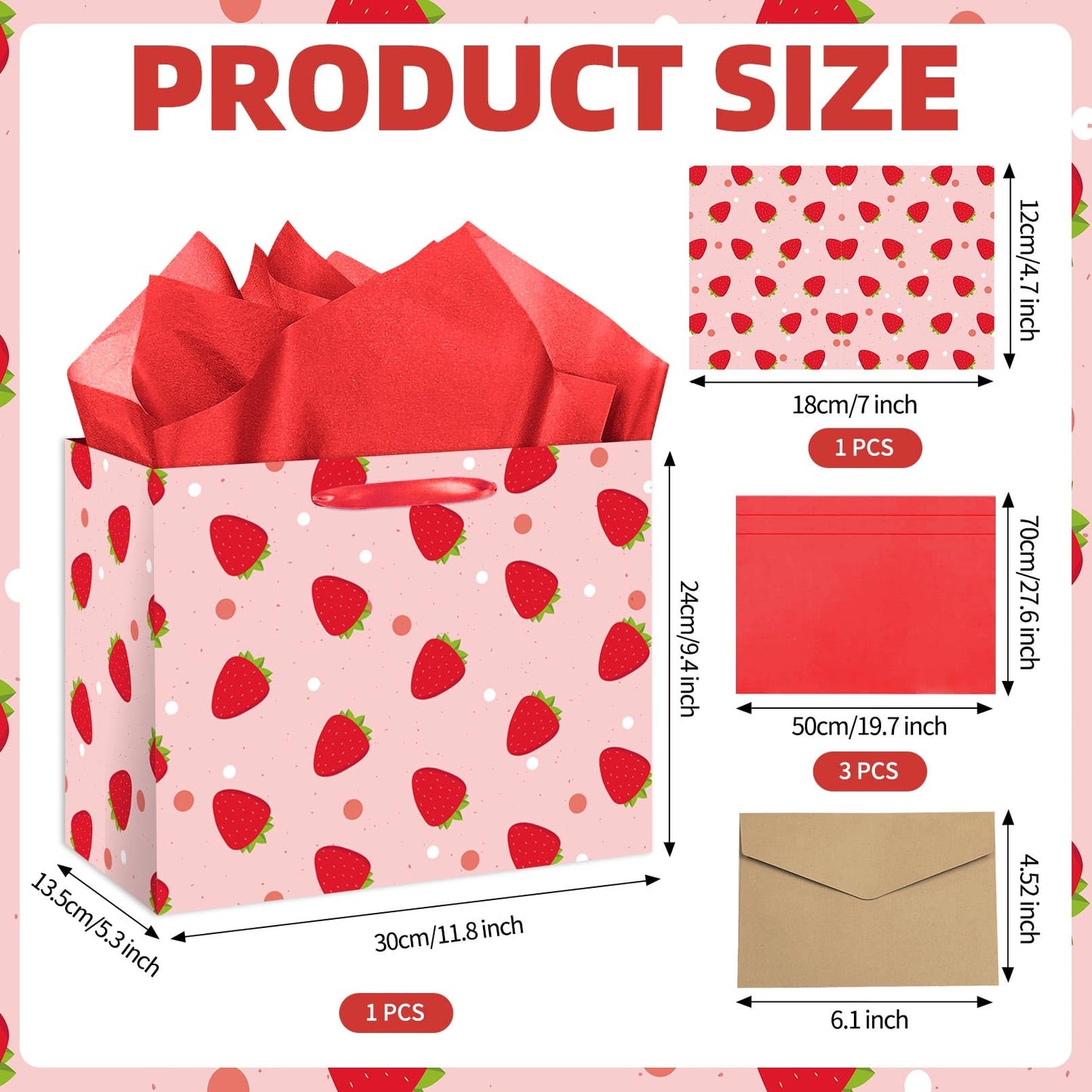 ONANNA Strawberry Gift Bag with Tissue Paper and Greeting Card, Cute Fruit Themed Gifts Wrapping Paper Bag for Birthday Baby Shower Mother's Day Spring Christams Party Favor Decorations Supplies