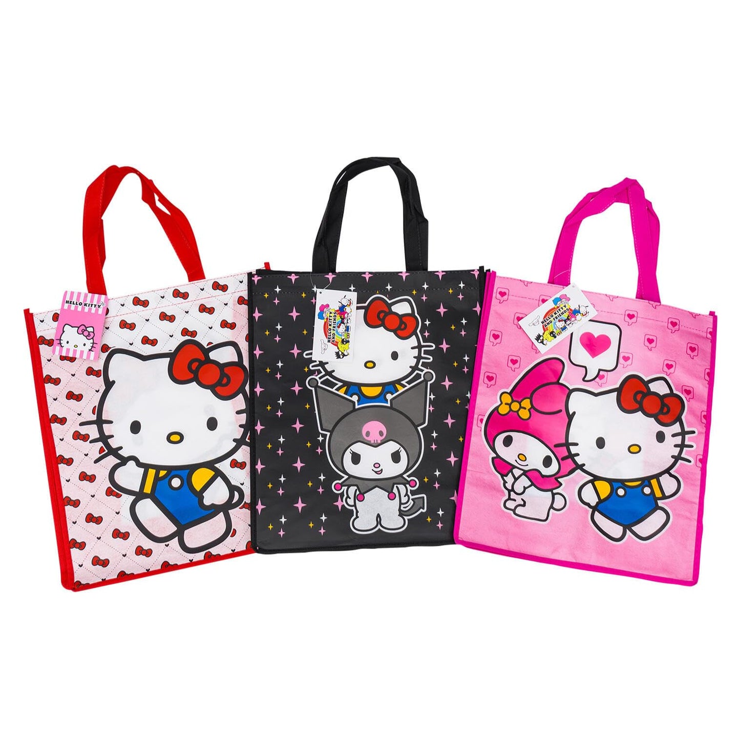 Fast Forward Hello Kitty Reusable Shopping Tote Bags, Kuromi and My Melody Characters, 16 Inch, Pink Black White, 3 Pack