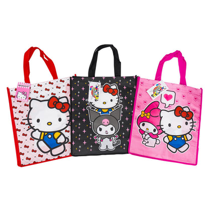 Fast Forward Hello Kitty Reusable Shopping Tote Bags, Kuromi and My Melody Characters, 16 Inch, Pink Black White, 3 Pack