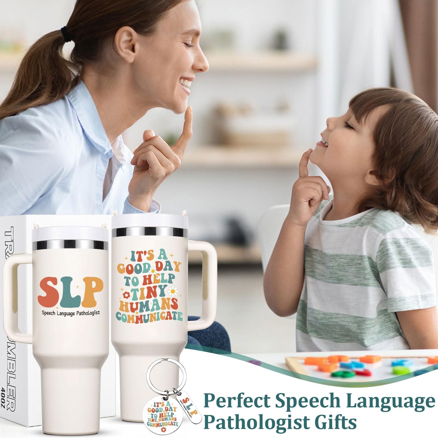 Lifecapido Speech Pathologist Gifts, SLP 40oz Tumbler with Keychain, Birthday Christmas Speech Therapy SLP Gifts for Speech Language Pathologist, Creamy