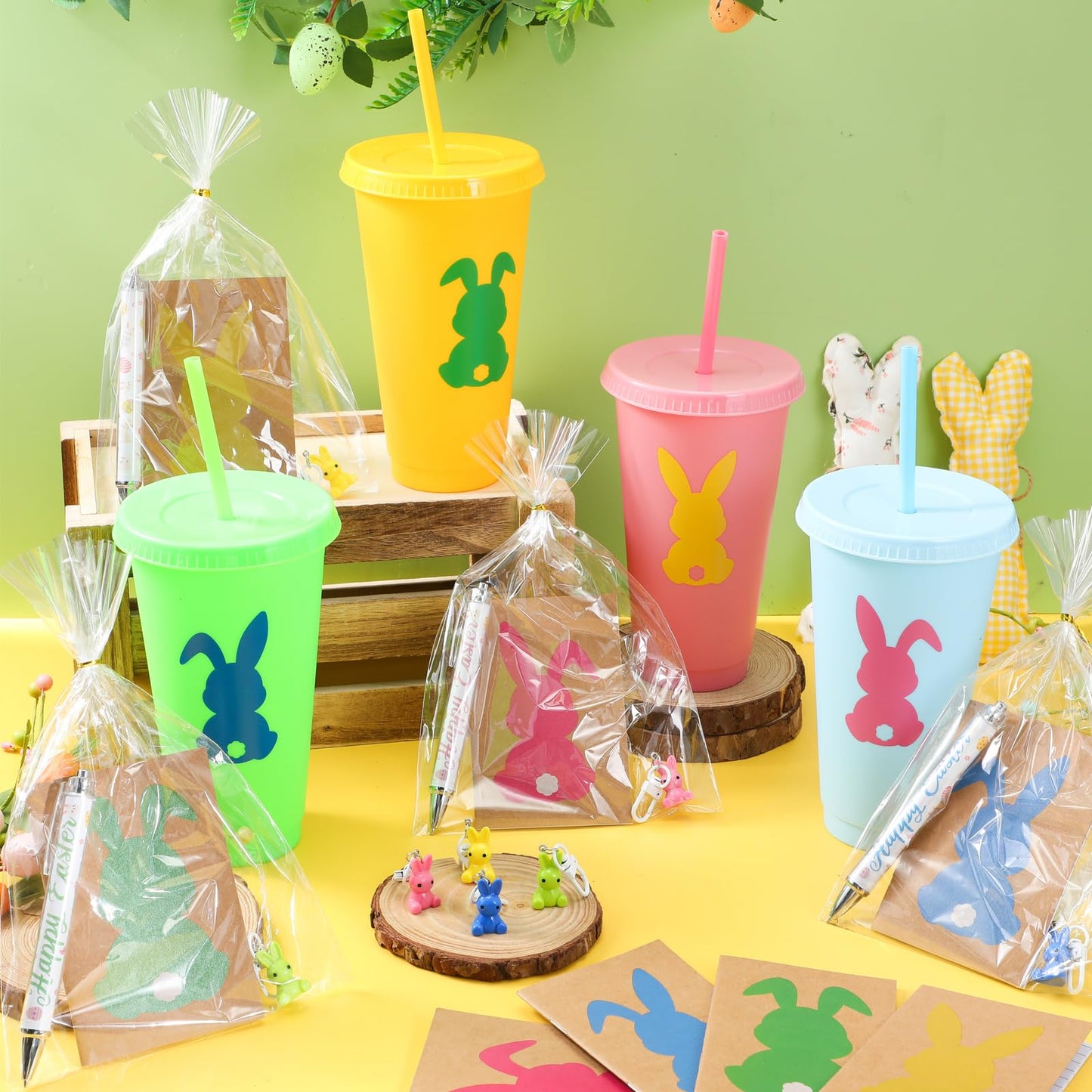 Willinglong 12 Set / 60 Pcs Easter Gift Include 24 oz Tumbler with Lids and Straws, Bunny Notebook, Colorful Pen for Easter Party Favor Basket Stuffers Classroom Prizes Gifts