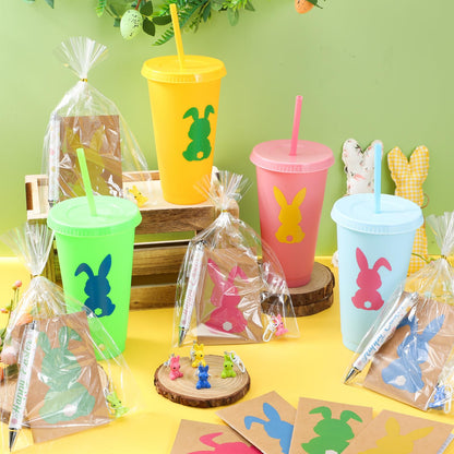 Willinglong 12 Set / 60 Pcs Easter Gift Include 24 oz Tumbler with Lids and Straws, Bunny Notebook, Colorful Pen for Easter Party Favor Basket Stuffers Classroom Prizes Gifts