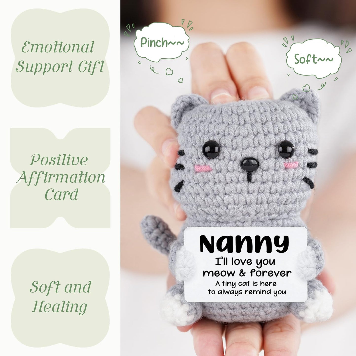 AceThrills Nanny Gifts, Birthday Gift for Nanny from Granddaughter Grandson, Grandma Handmade Emotional Positive Mini Crochet Cat