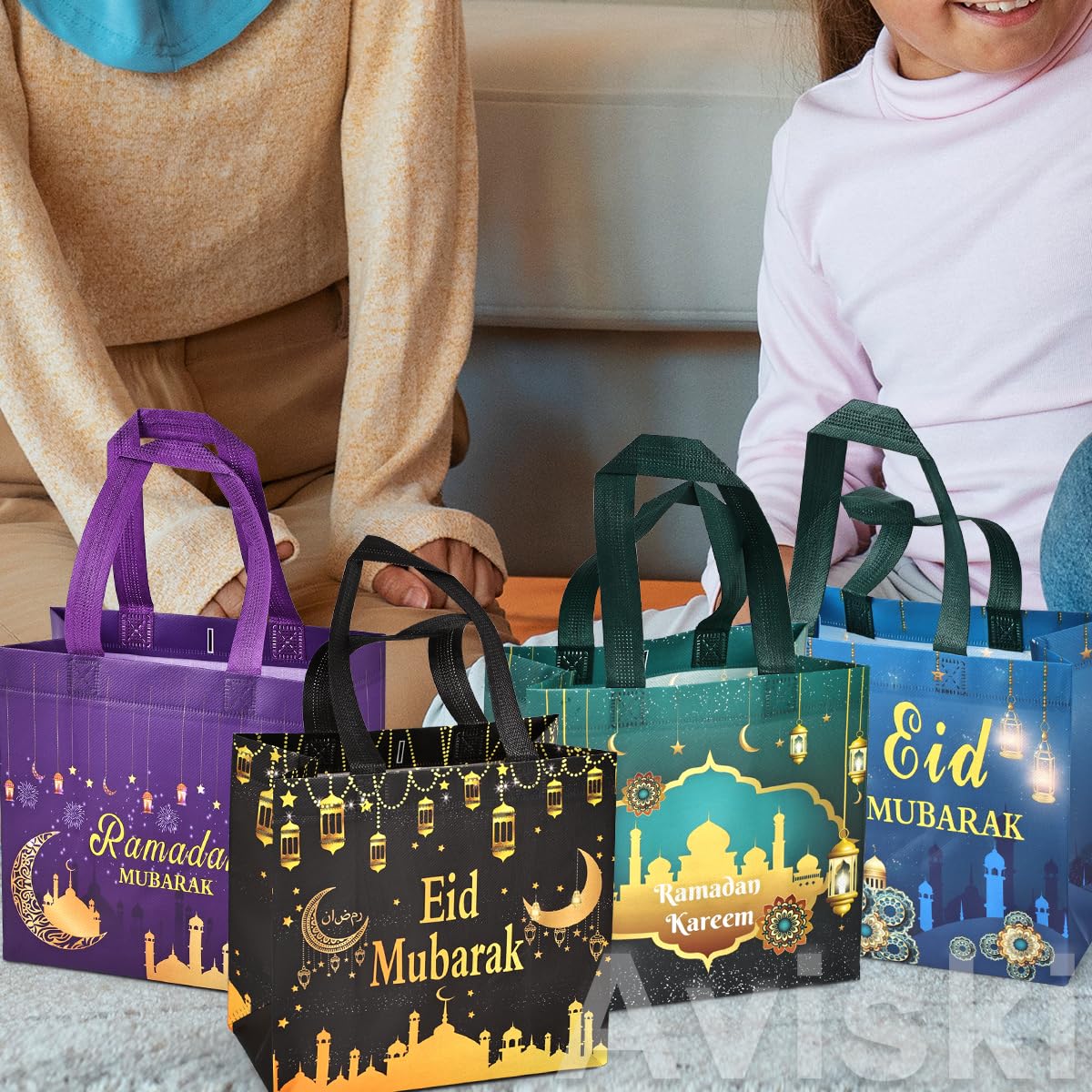 Aviski 4PCS Eid Mubarak Reusable Gift Bags, Treat Bags with Handles, Ramadan Mubarak Party Bags, Multifunctional Non-Woven Eid Bags for Gifts Wrapping, Ramadan Kareem Party Supplies, 9.2"×8.7"×4.3"