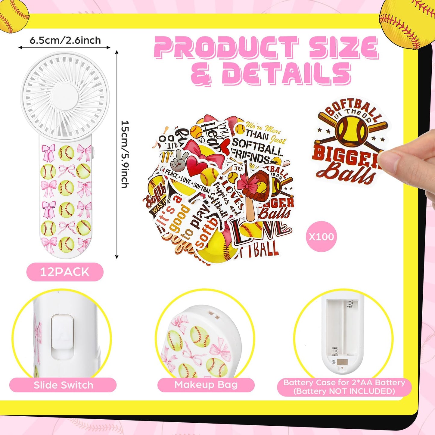 Tujoe 36 Pcs Softball Pink Bows Party Favors 40" x 12" Cooling Towel Portable Handheld Fan with Lanyards Clear Gift Bag with Handles and Stickers for Sport Team Gift, Battery Not Include