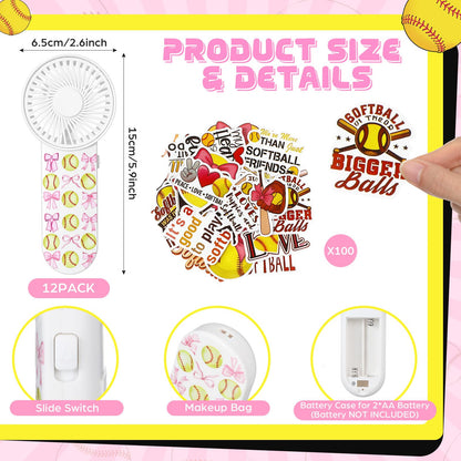 Tujoe 36 Pcs Softball Pink Bows Party Favors 40" x 12" Cooling Towel Portable Handheld Fan with Lanyards Clear Gift Bag with Handles and Stickers for Sport Team Gift, Battery Not Include
