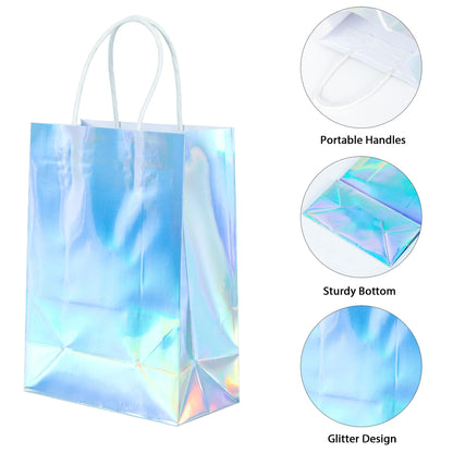 BLEWINDZ 32Pcs Small Paper Gift Bags with Tissues, Iridescent Party Favor Bags with Handles, Holographic Silver Gift Bag for Wedding Baby Shower Birthday Party Supplies