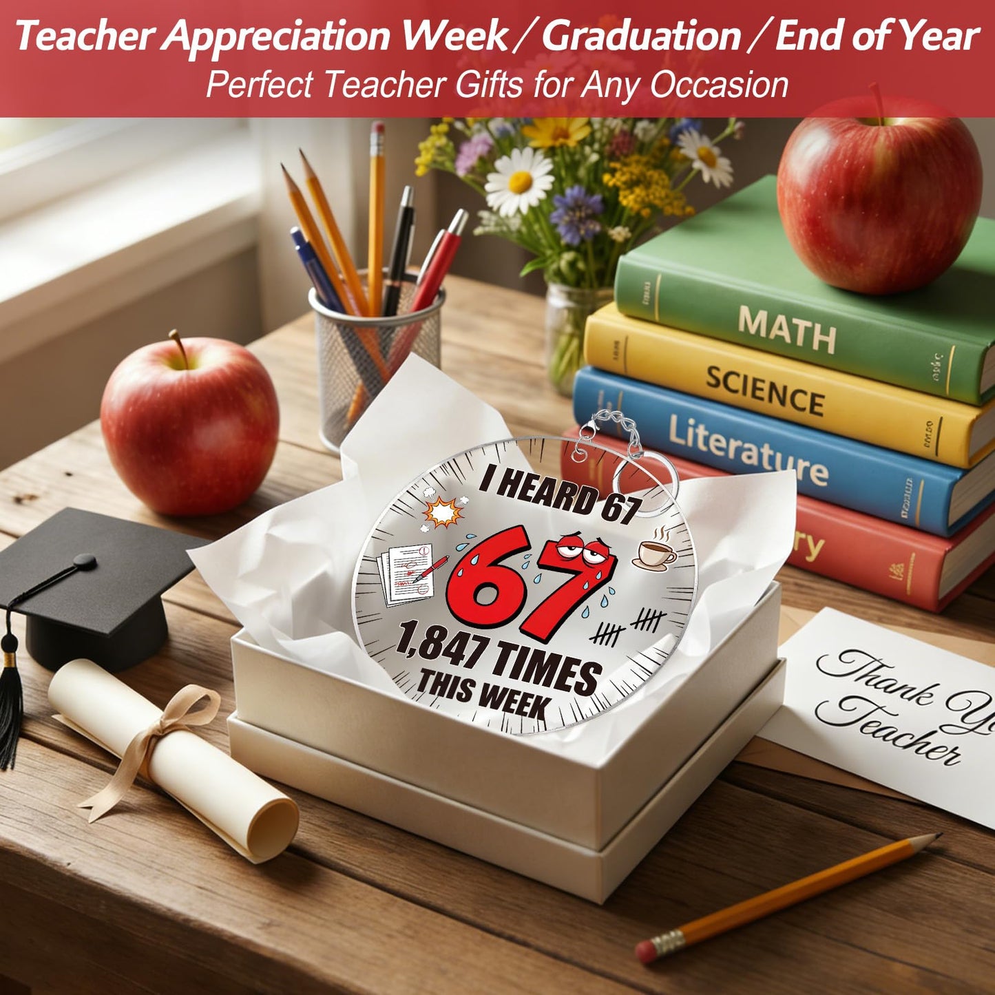 WaaHome I Heard 67 Times Funny Teacher Appreciation Gifts for Women - Humor End of Year Graduation Gift for Teachers from Gen Z Students Teenagers, 67 Meme Teacher Ornament Car Charm Decor