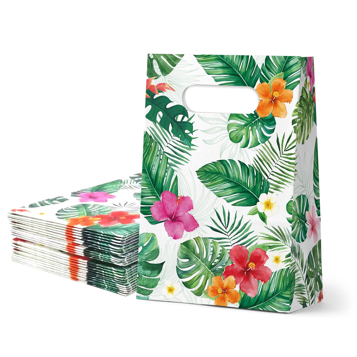 FRIDAY NIGHT 24 Pcs Luau Party Favor Bags Hawaiian Tropical Gift Bags with Handles White Paper Treat Bags Monstera Leaf Floral Design for Summer Birthday Decorations