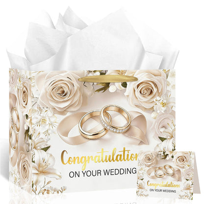 TagreSpike Wedding Gift Bag for Bride and Groom Elegant White Rose & Gold Rings Gift Wrapping Bag with Tissue Paper and Card - Congratulations Present Sack for Bridal Shower, Engagement, Marriage