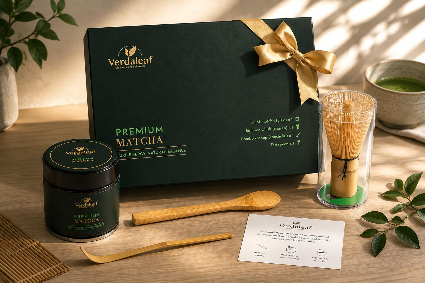 Verdaleaf USDA Organic Matcha Gift Box – 50g Ceremonial Grade Japanese Matcha with Bamboo Whisk & Scoop – Premium Matcha Starter Kit