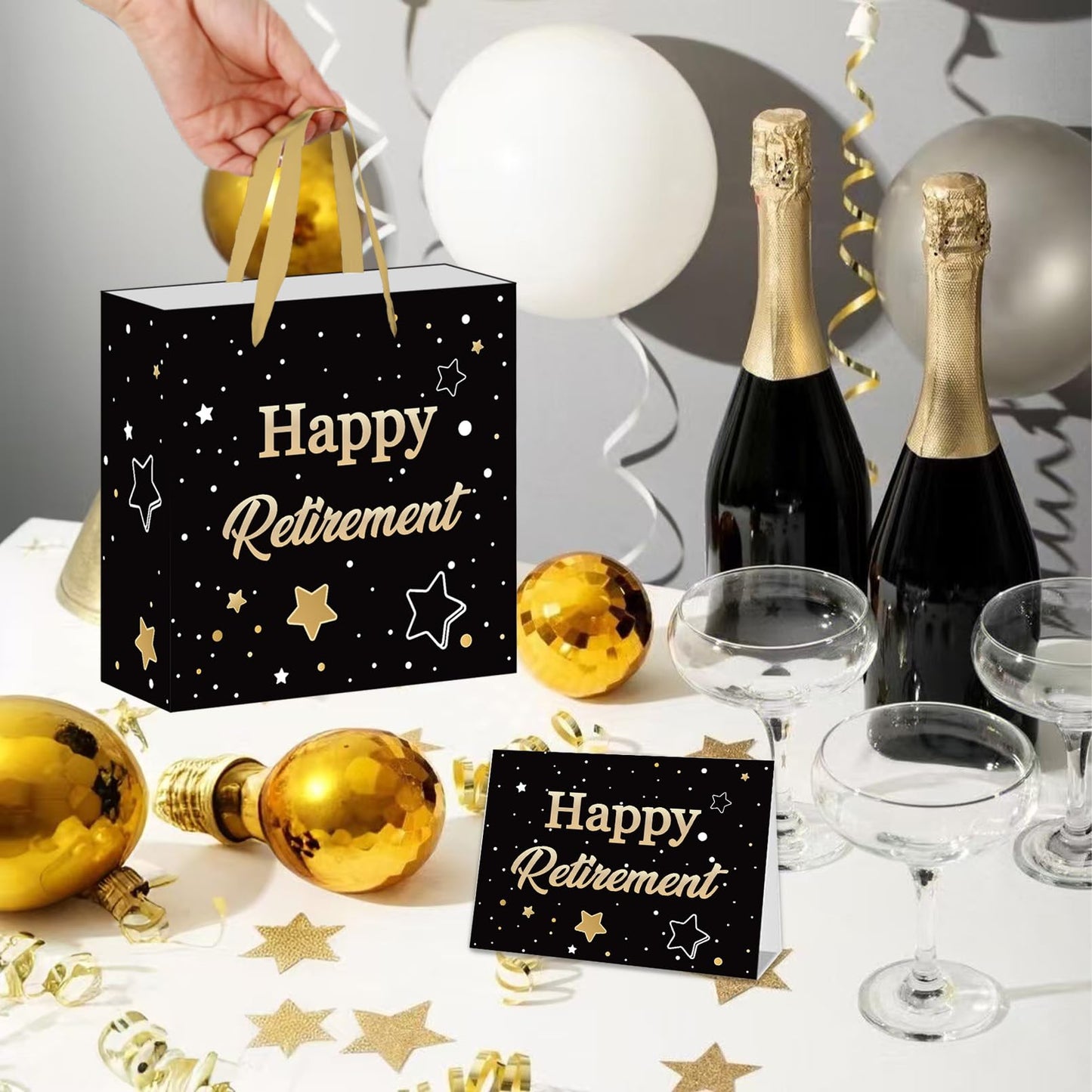 ONANNA Small Retirement Gift Bag with Tissue Paper and Greeting Card 7" Retired Gifts Wrapping Bag for Women Men Coworker Teacher, Black Gold Retirement Party Decorations Supplies