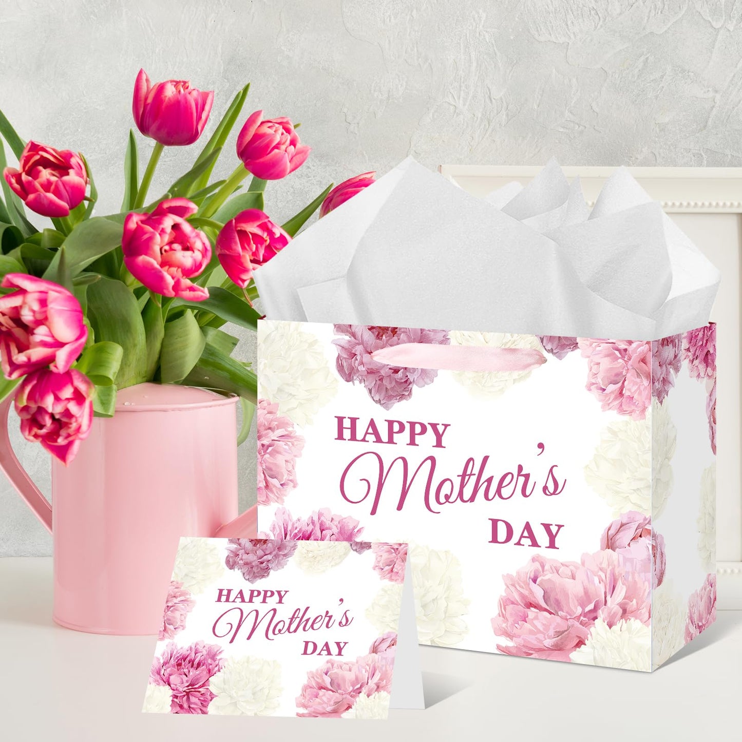 Yoirrat Mother's Day Flower Gift Bags White and Pink Happy Mother's Day Floral Gift Bags with Handle Gift Bags with Wrapping Paper Card Large Mothers Day Paper Bags Mothers Day Gifts Party Supplies