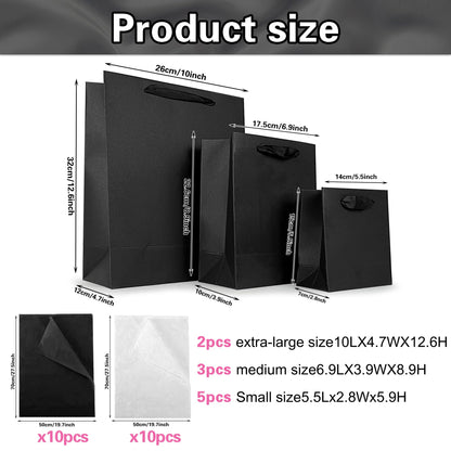 Assorted Sizes Black Gift Bags with Ribbon Handles Kraft Paper Shopping Bags with Tissue Paper for Party Business Wedding Birthday Graduation Fathers Day (Black 6, 9 , 12.6 Inches, 6 Inches, 9 Inches, 12.6 Inches)