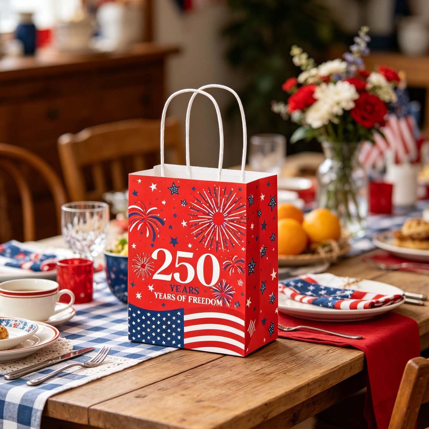 Qpout 12PCS 250th Anniversary Patriotic Gift Bags, Double Sided 1776-2026 Red White Blue Paper Bags with Handles, Bulk 4th of July Favor Bags for Independence Day, Memorial Day, Parades, Patriotic Holiday Party Supplies