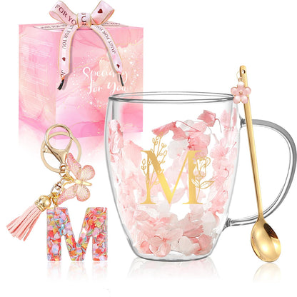 Personalized Gifts for Women Flower Glass Coffee Mug Initial Tea cup Mother's Day Gifts for Mom Monogrammed Customized Bridesmaid Bride Wedding Gifts Graduation Valentines Birthday Christmas Gift(M)