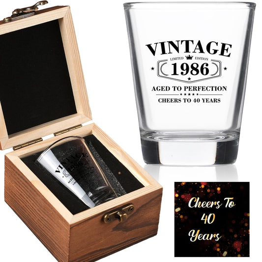 40th Birthday Gifts for Him Her – Limited Edition Vintage 1986 Shot Glass with Wooden Box – Cheers To 40 Years Old, Cool 40th Birthday Party Decoration – Turning 40 Bday Gift for Men, Brother, Friend